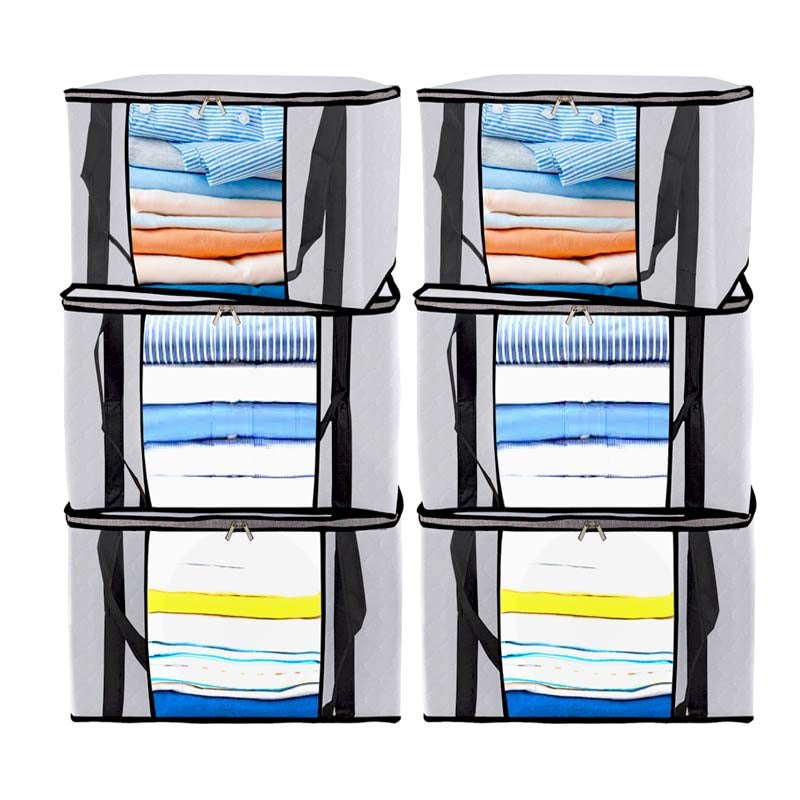 6 Pack 90L Clothes Storage Bags Large Storage Box With Lid Packing Boxes for Moving House With Reinforced Handle Thick Fabric Clear Window for Clothes Duvet Blankets Bedding